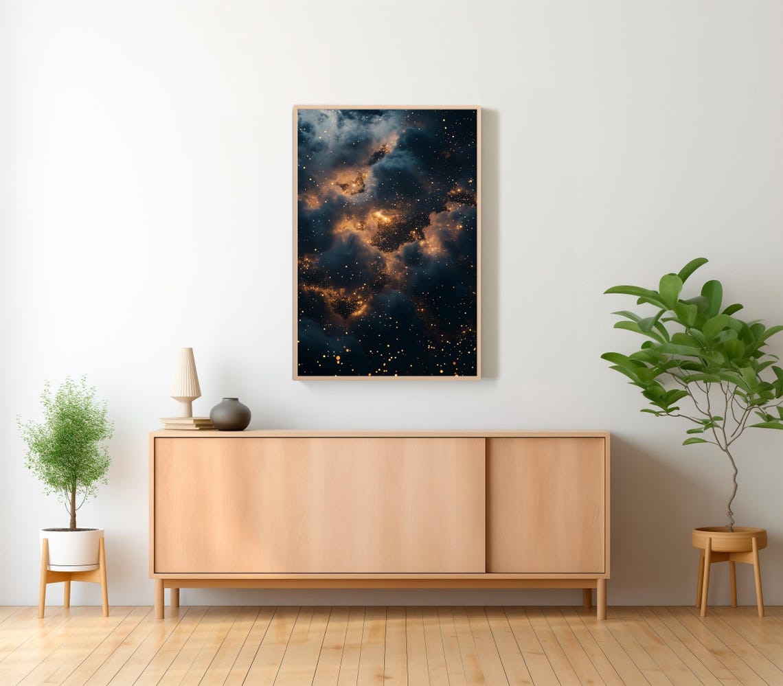 Moody Celestrial Print Dark Academia Decor Starry Night Night Sky Abstract Night Sky Star Print Gothic Print Gold Maximum Oil Painting - Image 2