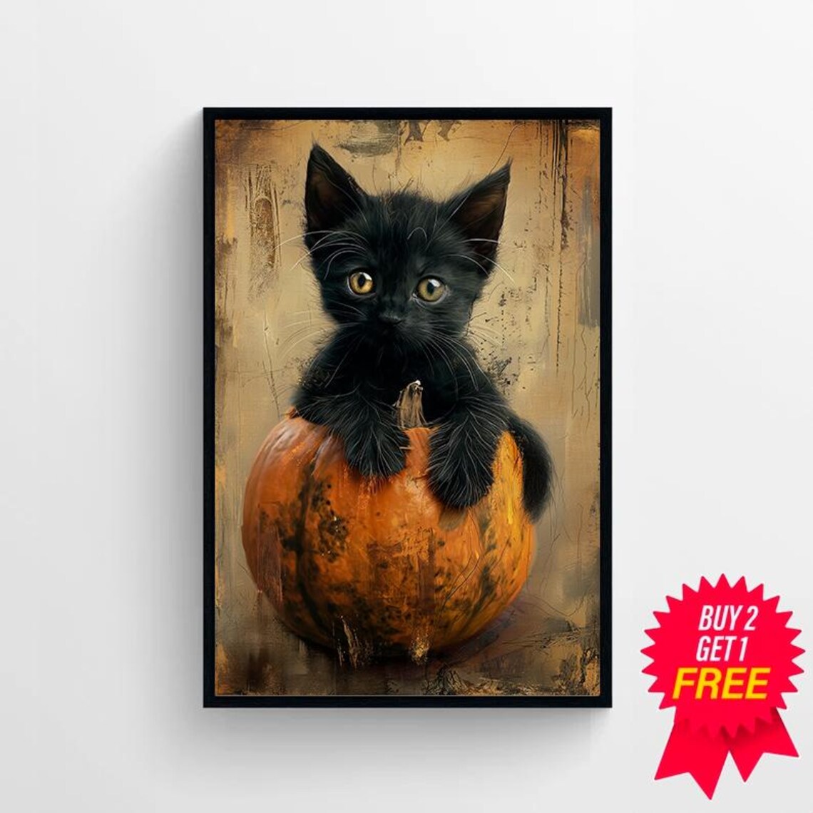 Black Kitten Peeking Out of Pumpkin Cute Halloween Cat Art Poster - Image 4