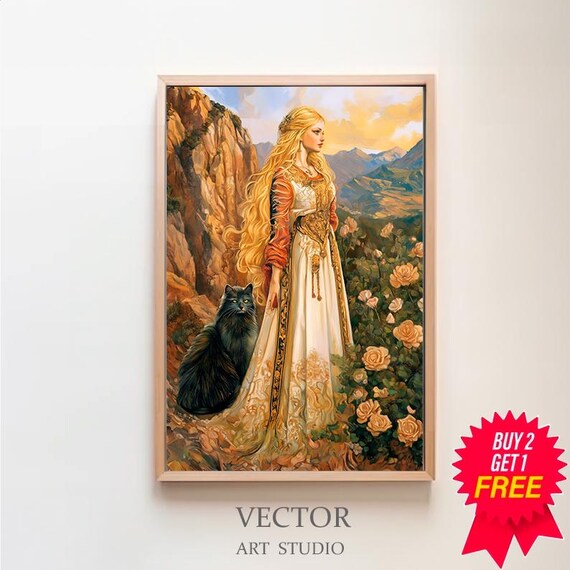 Freyja Norse Goddess With Black Cat Mountain Rose Art Poster