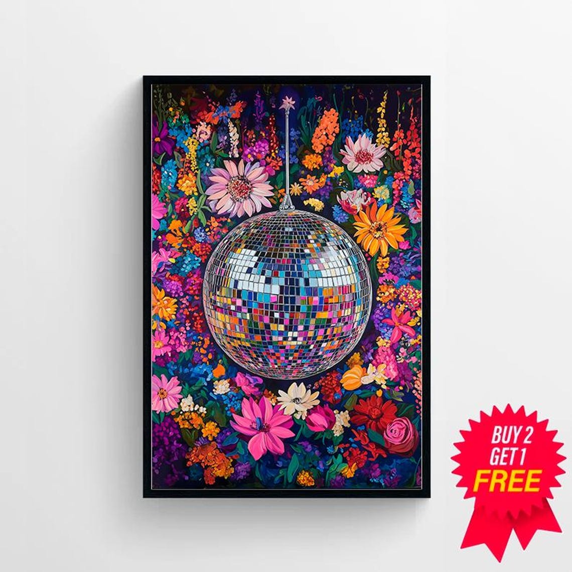 Wall Art Disco Ball Maximalist Oil Painting Living Room Colorful Trendy Kitsch Pink Print Vivid Bold Dopamine Botanical Picture - Image 4