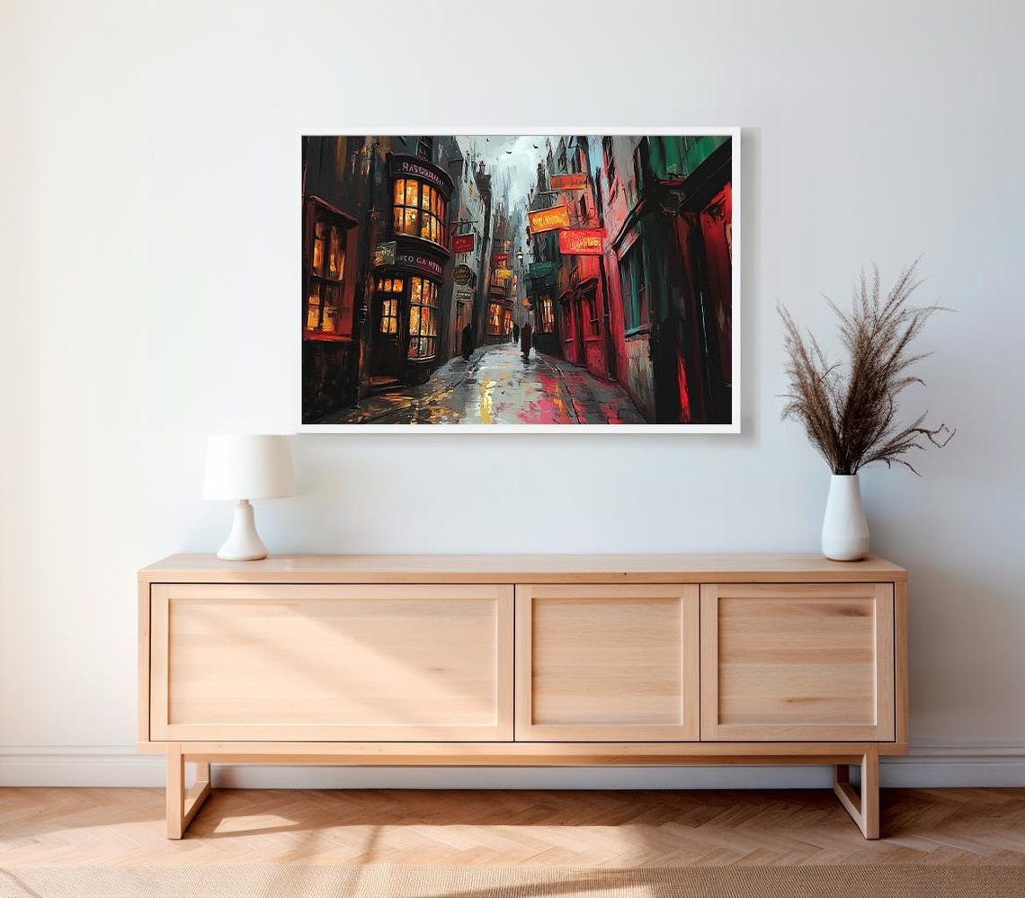 Rainy Magical Alley At Night With Glowing Shopfronts Oil Poster - Image 2