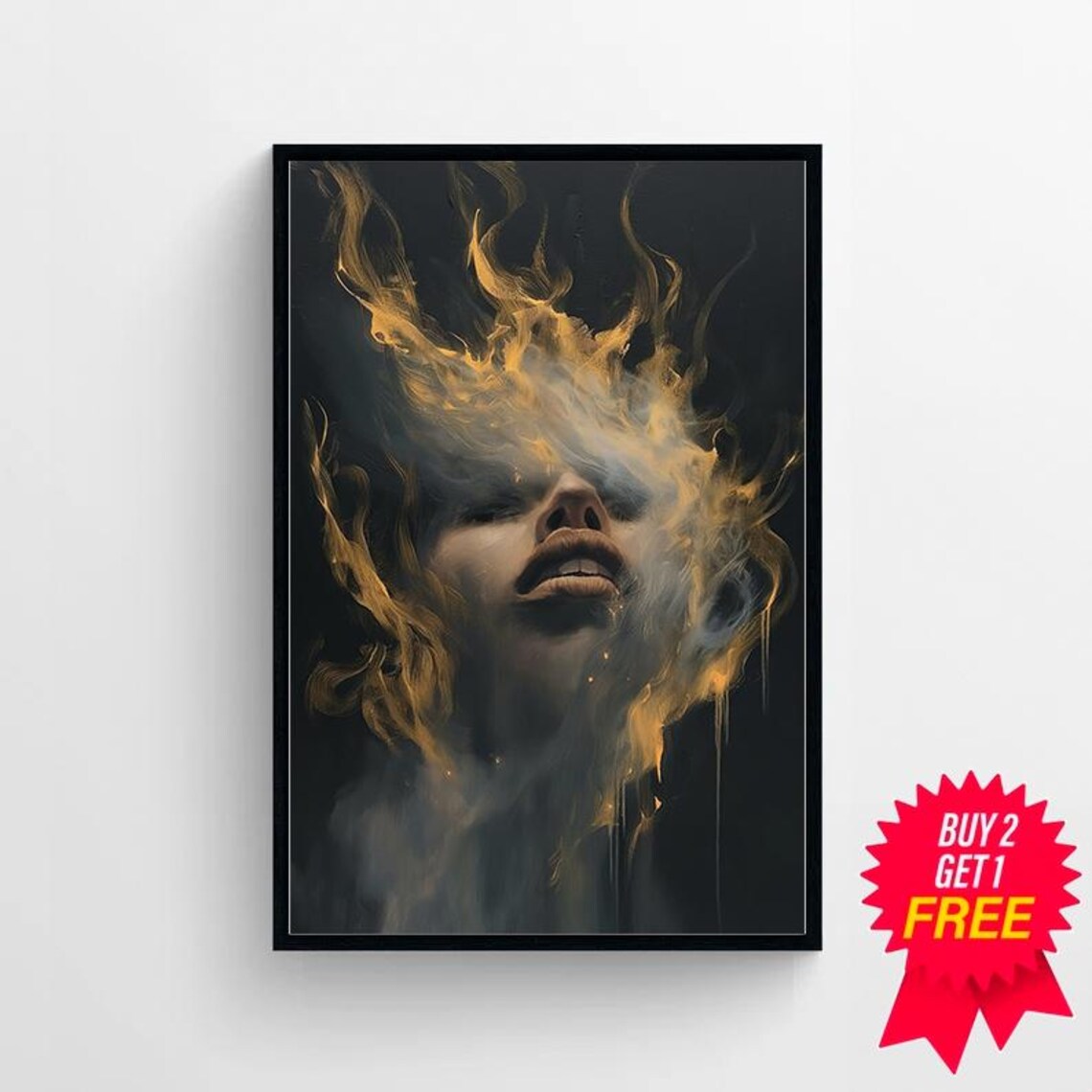 Woman Face Dissolving into Golden Flames Surreal Portrait Poster - Image 4
