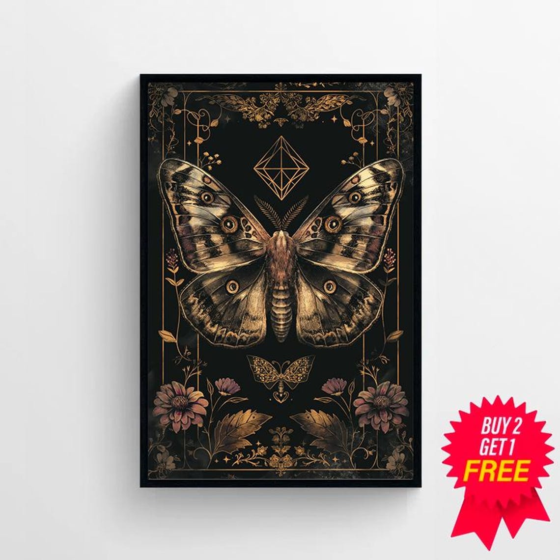 Golden Moth Art Nouveau Dark Witchy Floral Cottagecore Poster - Image 4