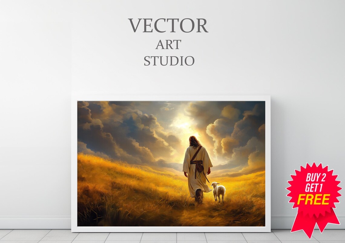 Jesus the Shepherd Walking with a Lamb in Golden Field Poster - Image 3