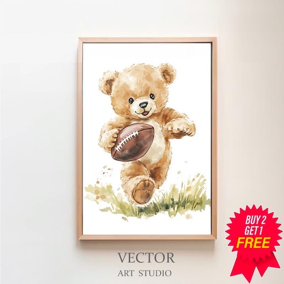 Teddy Bear Running with Football Watercolor Nursery Sports Poster