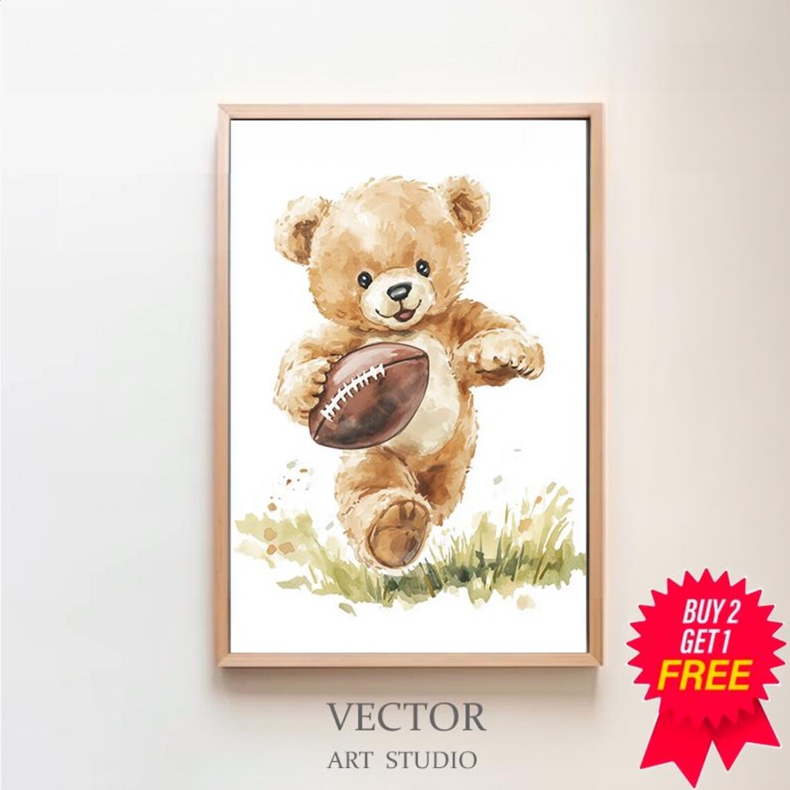 Teddy Bear Running with Football Watercolor Nursery Sports Poster