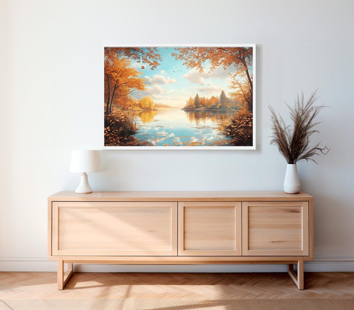 Vibrant Fall Foliage Around a Mirror-Calm Lake Under Blue Sky Poster - Image 2