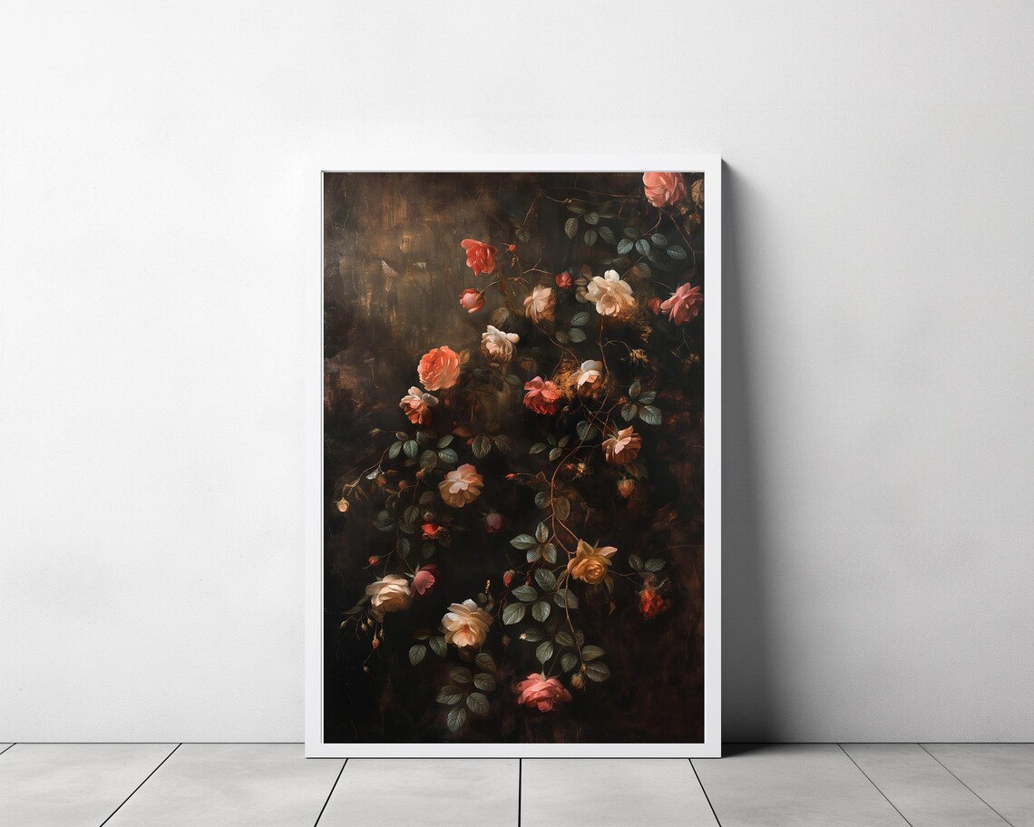 Blush Roses Cascading in a Moody Dark Floral Oil Painting Wall Poster - Image 3