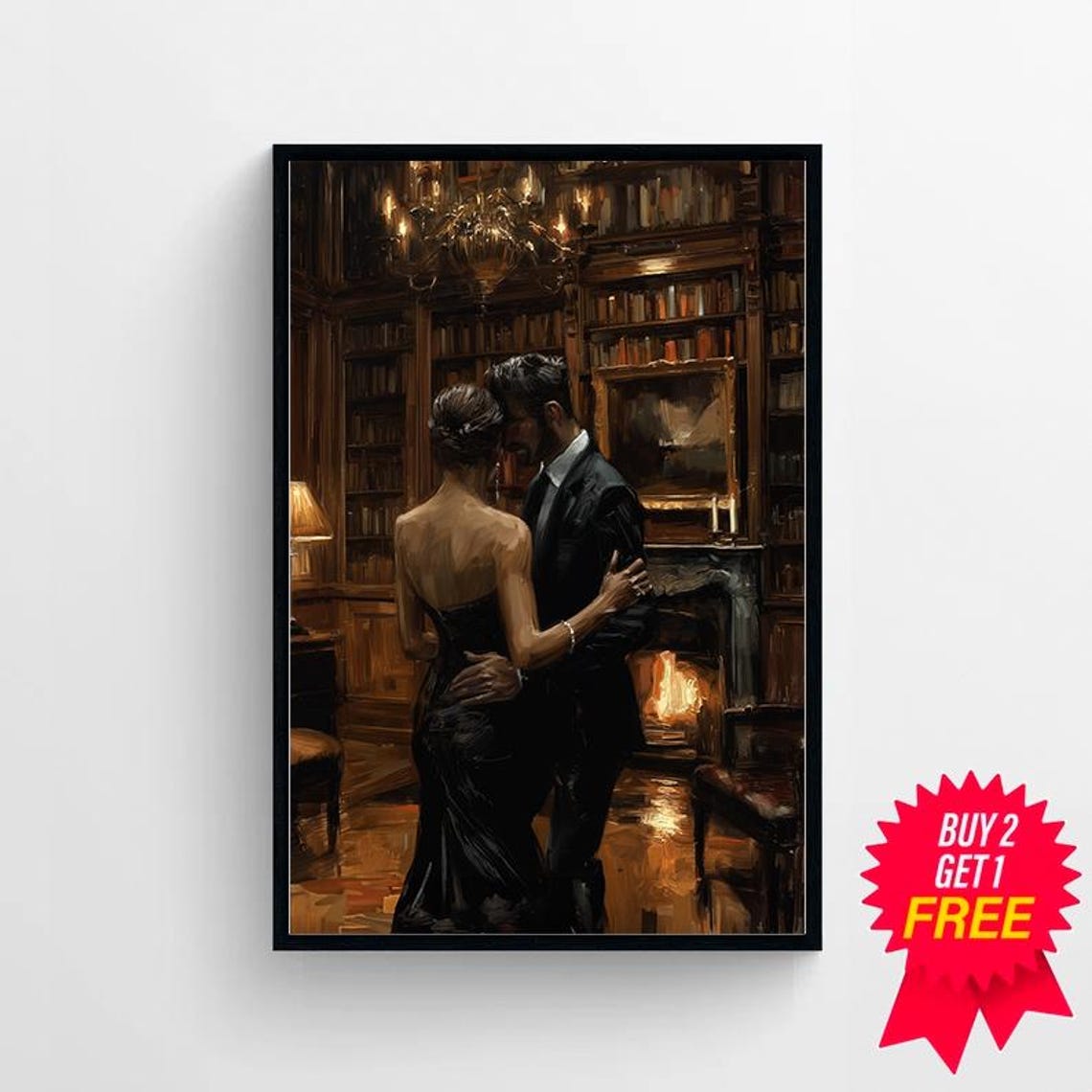 Lovers In Library Art Painting Couple Art Dark Academia Print Dark Oil Painting Gothic Decor For Book Lovers Moody Wall Art - Image 4