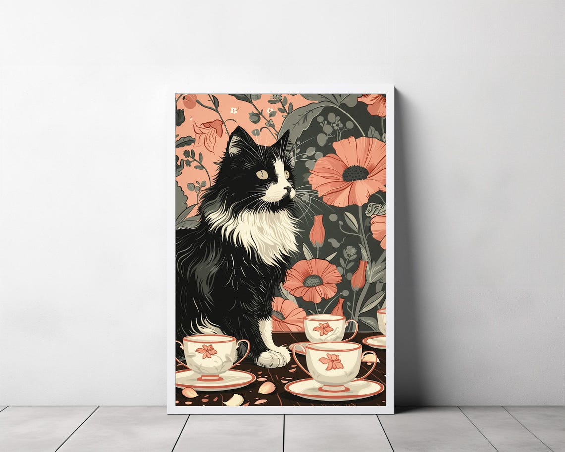 Cute Tuxedo Cat Enjoying Tea Time With Teacups Floral Poster - Image 3
