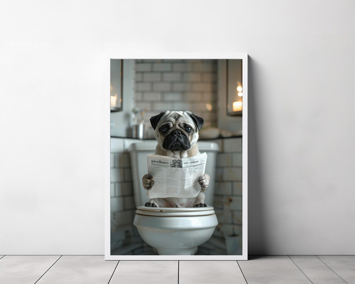 Pug on Toilet in Cozy Subway Tile Bathroom Funny Photo Poster - Image 3