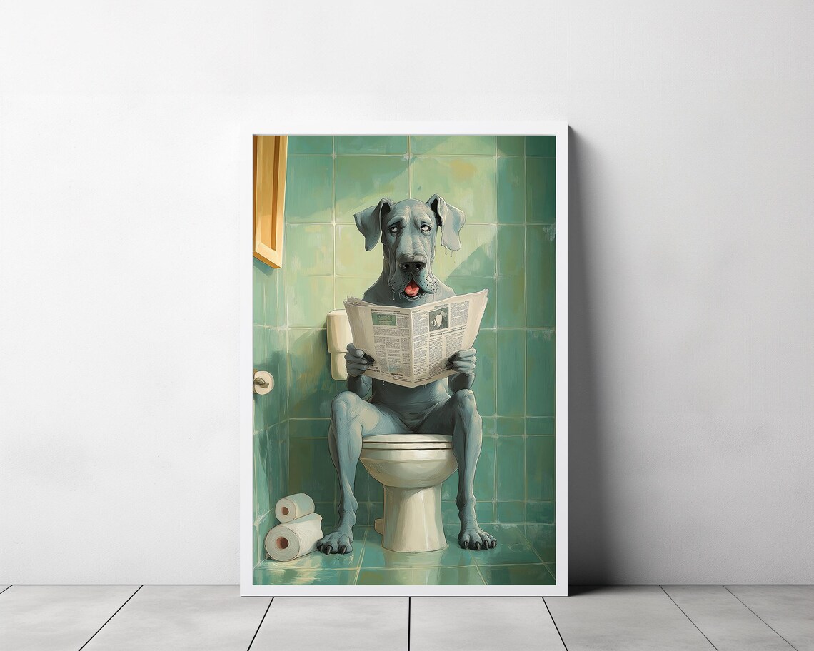 Blue Great Dane Reading Newspaper On A Toilet Funny Dog Poster - Image 3