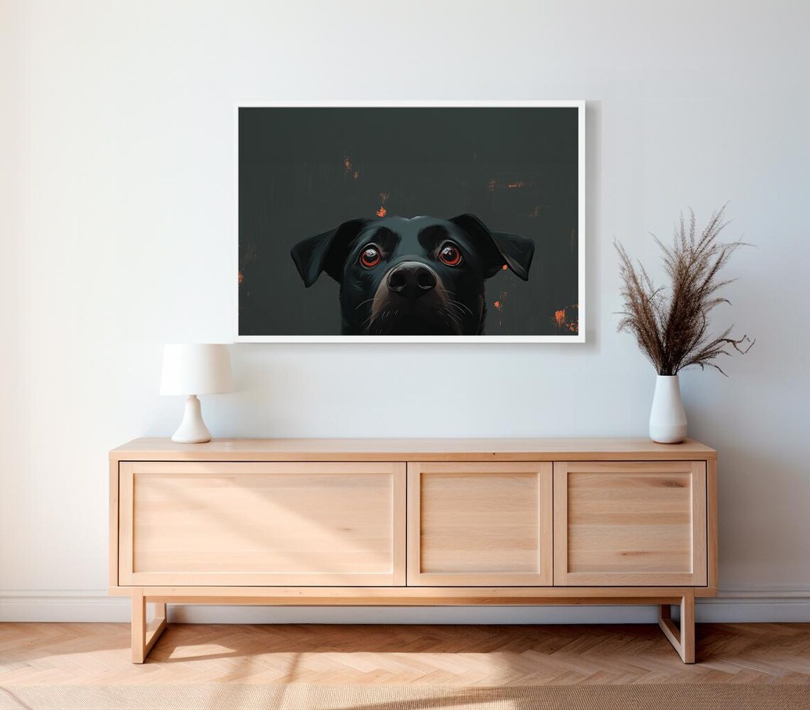 Peeking Black Dog with Big Expressive Amber Eyes on Dark Poster - Image 2