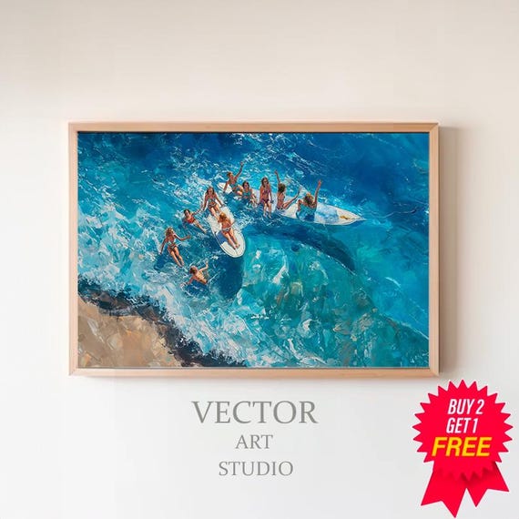 Pink Coastal Beach Wall Art Surfboard Girly Print Watercolor Painting Pink Summer Prints Surfer Girls Seascape Ocean