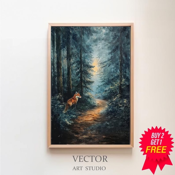 Red Fox in a Misty Blue Forest on a Glowing Golden Path Oil Painting Poster
