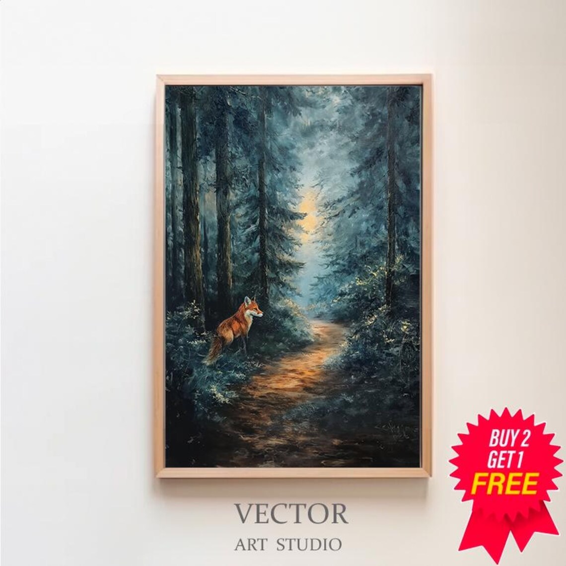 Red Fox in a Misty Blue Forest on a Glowing Golden Path Oil Painting Poster