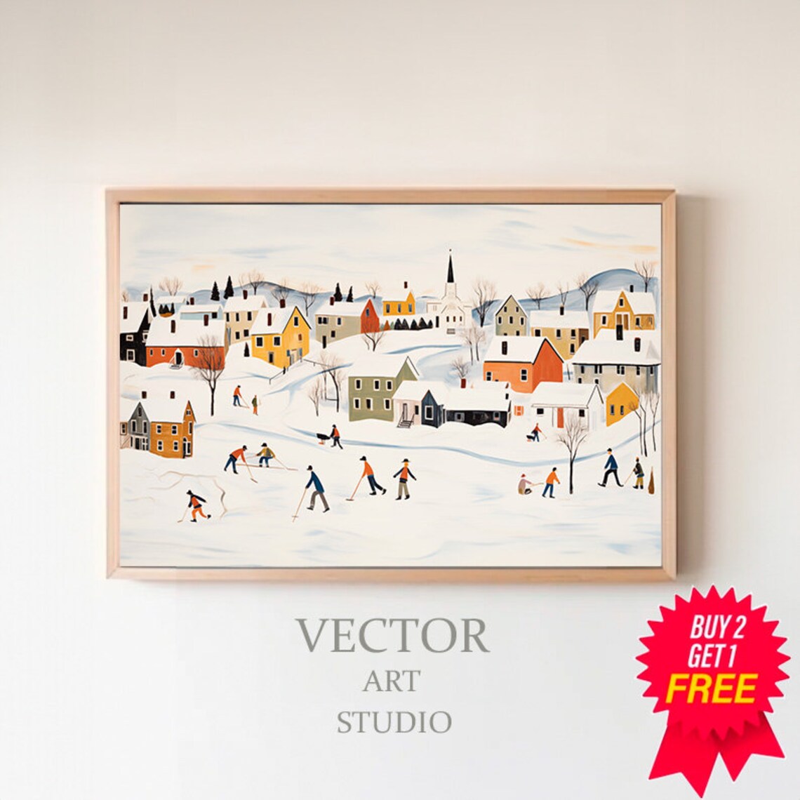 Snowy Village Pond Hockey Game Folk Art Vintage Winter Painting Poster