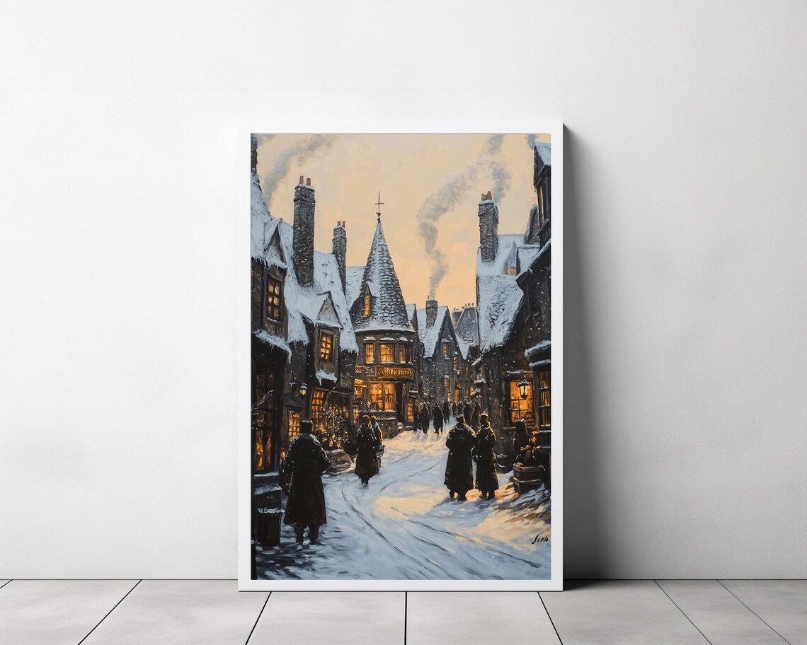 Snowy Wizard Town Street At Dusk Cloaked Figures Winter Poster - Image 3