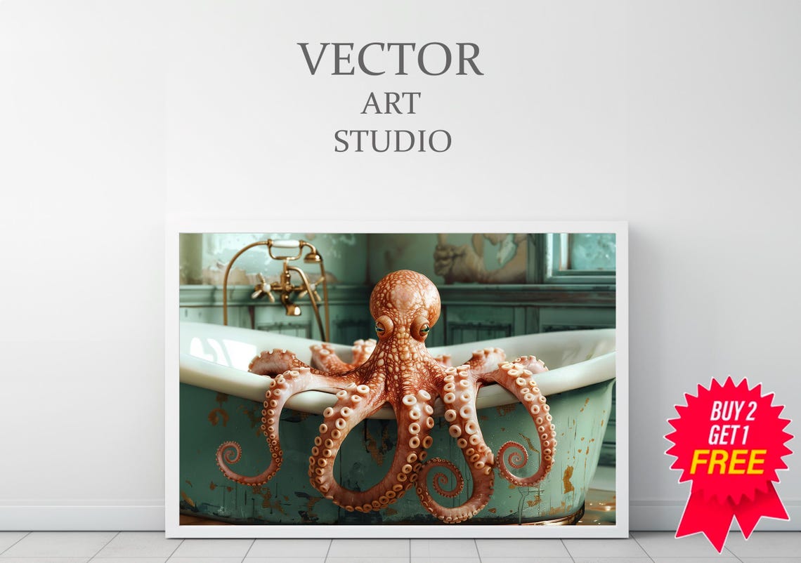 Curious Octopus Peeking Over a Rustic Teal Clawfoot Bathtub Art Poster - Image 3