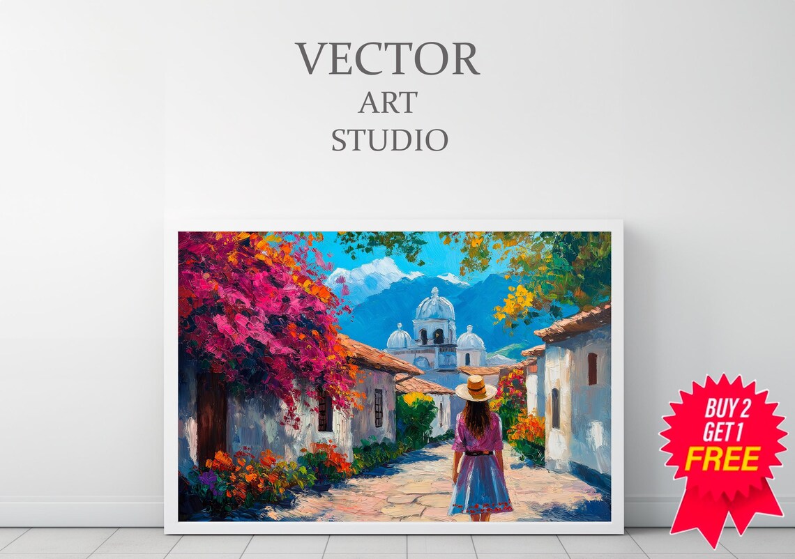 Colorful Mexican Village Street With Church Vibrant Folk Art Poster - Image 3