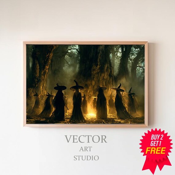 Dark Forest Witches Coven Gathered Around Bonfire Witchy Poster