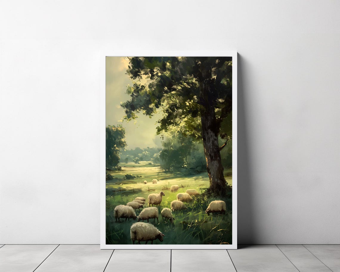Pastoral Sheep Grazing in a Green Meadow Under a Big Tree Poster - Image 3