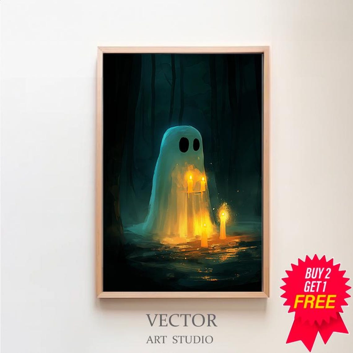 Cute Little Ghost with Candles Glowing in a Dark Forest Poster