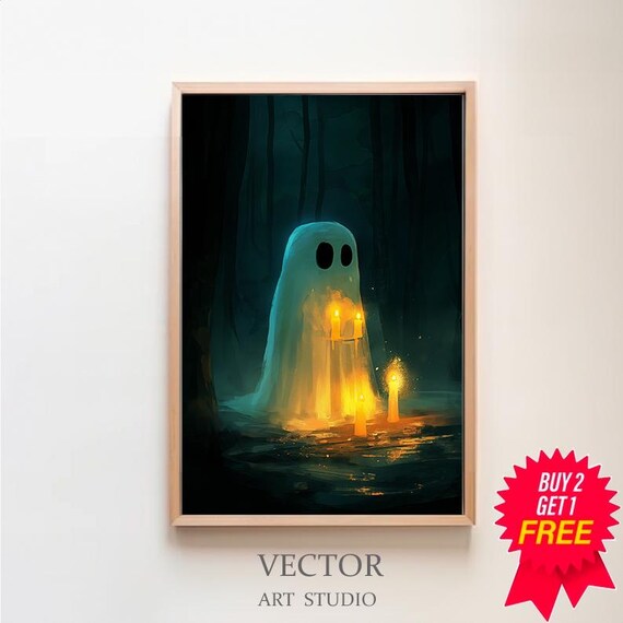 Cute Little Ghost with Candles Glowing in a Dark Forest Poster