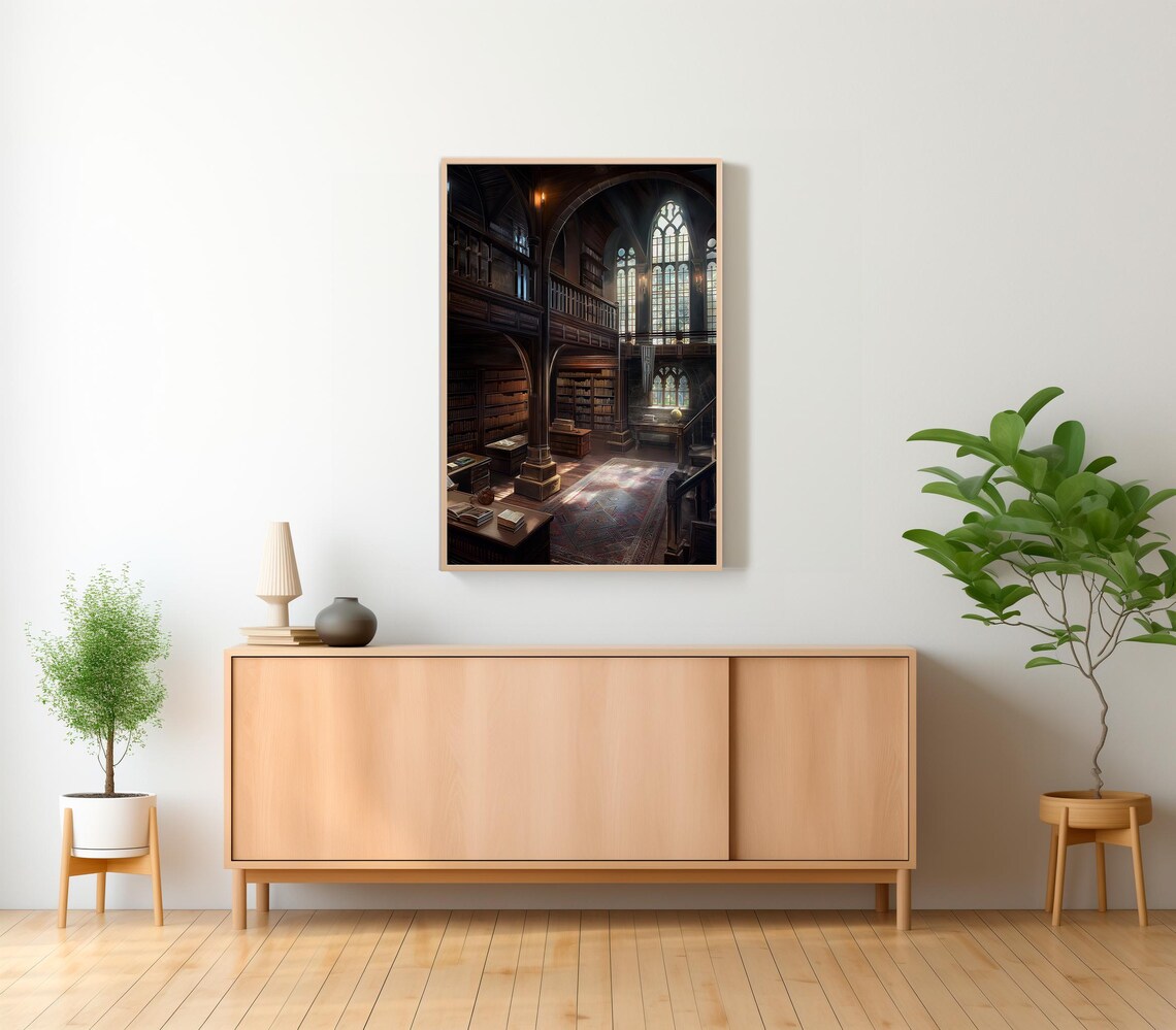 Grand Two Story Gothic Library With Tall Arched Windows Reading Room Poster - Image 2
