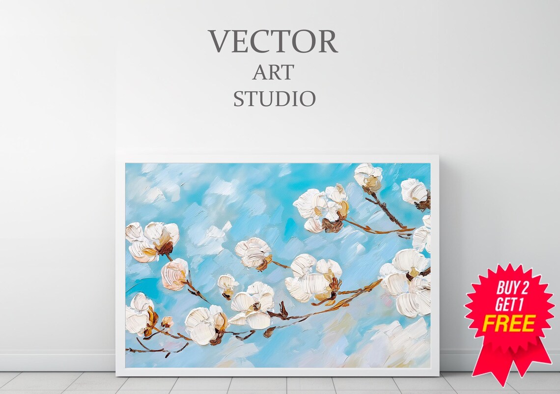 White Blossoms Against Bright Blue Sky Oil Painting Wall Art - Image 3