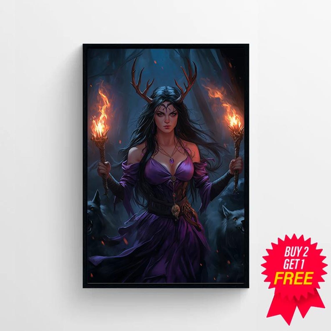 Dark Antlered Goddess Holding Two Flaming Torches at Night Poster - Image 4
