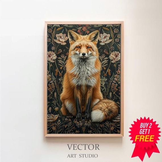Red Fox Among Blush Roses on a Dark Moody Botanical Art Poster