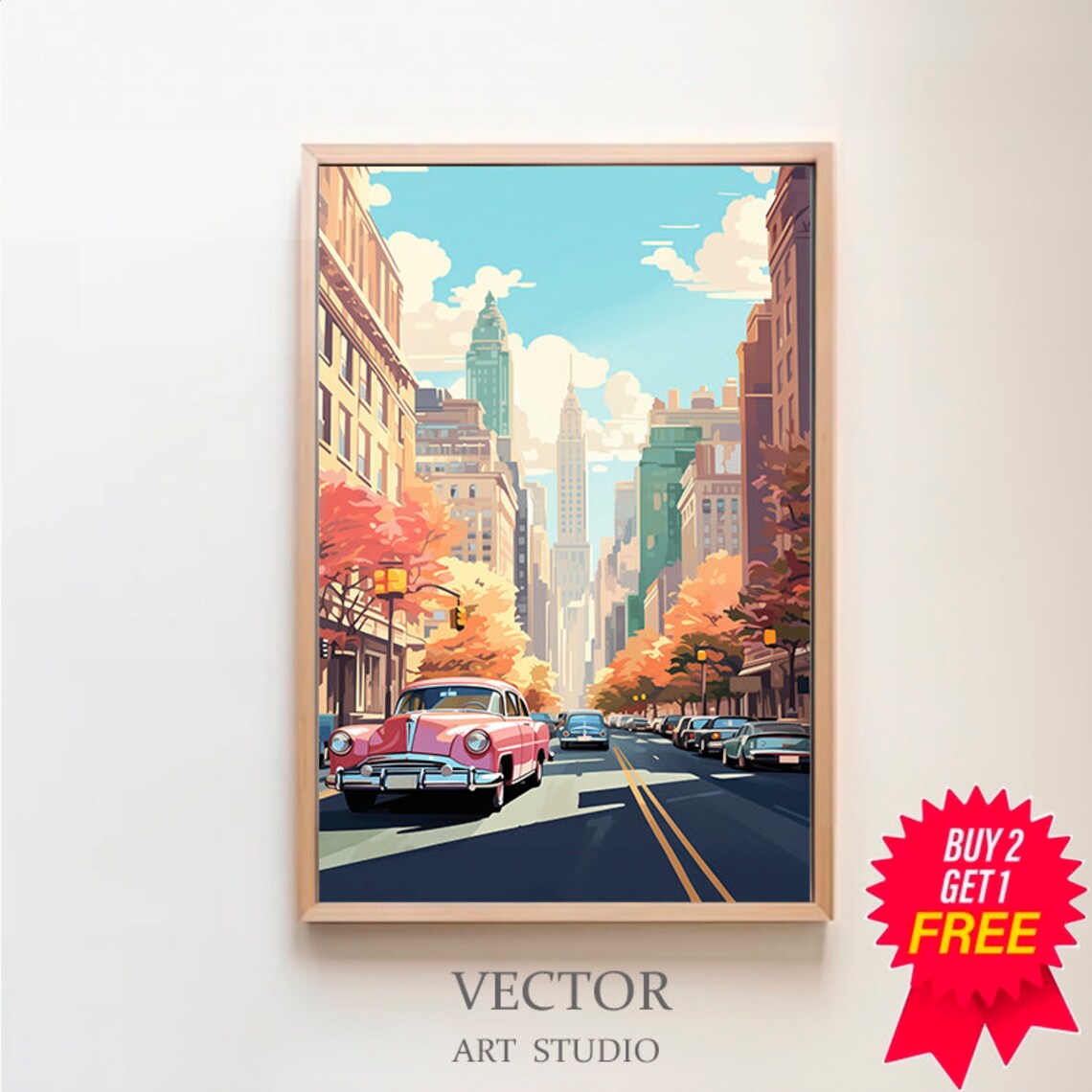 Autumn New York Street Pink Classic Car Retro Vintage City Print
