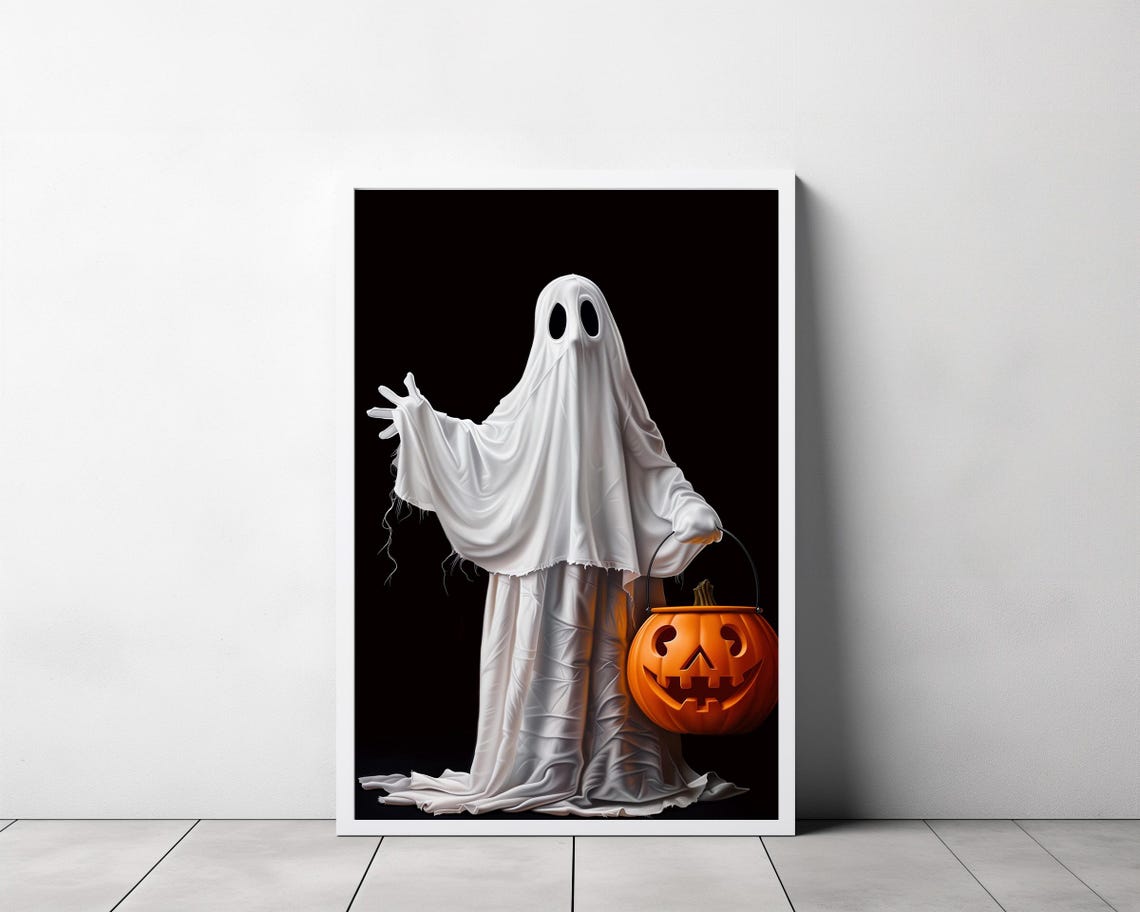 Tall White Ghost with Pumpkin Bucket Arm Raised Dark Art Poster - Image 3