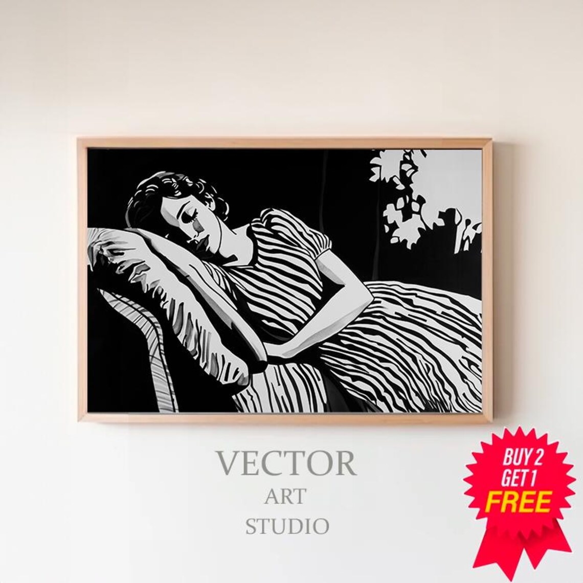 Woman Resting on Striped Sofa Classic Black and White Decorative Art Poster