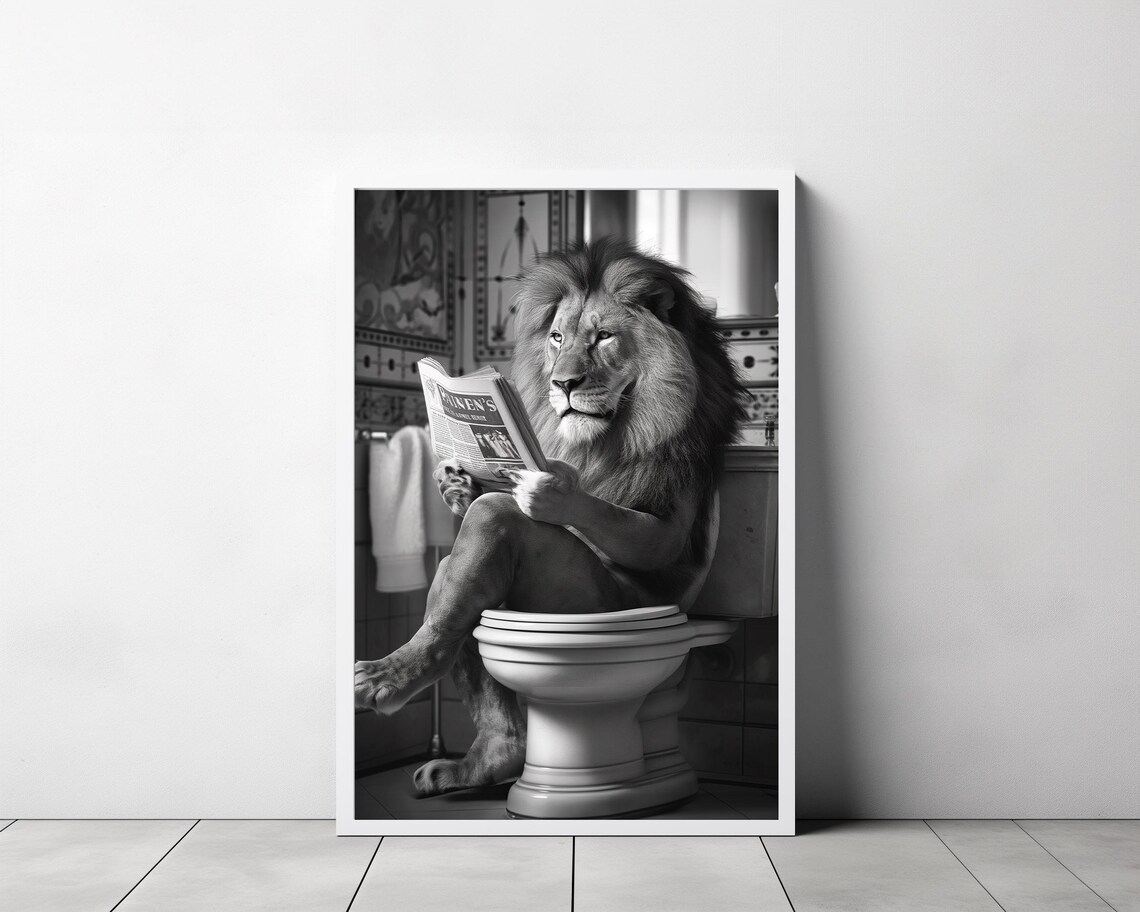 Lion in Toilet Bathroom Art Print, Black and White - Image 3