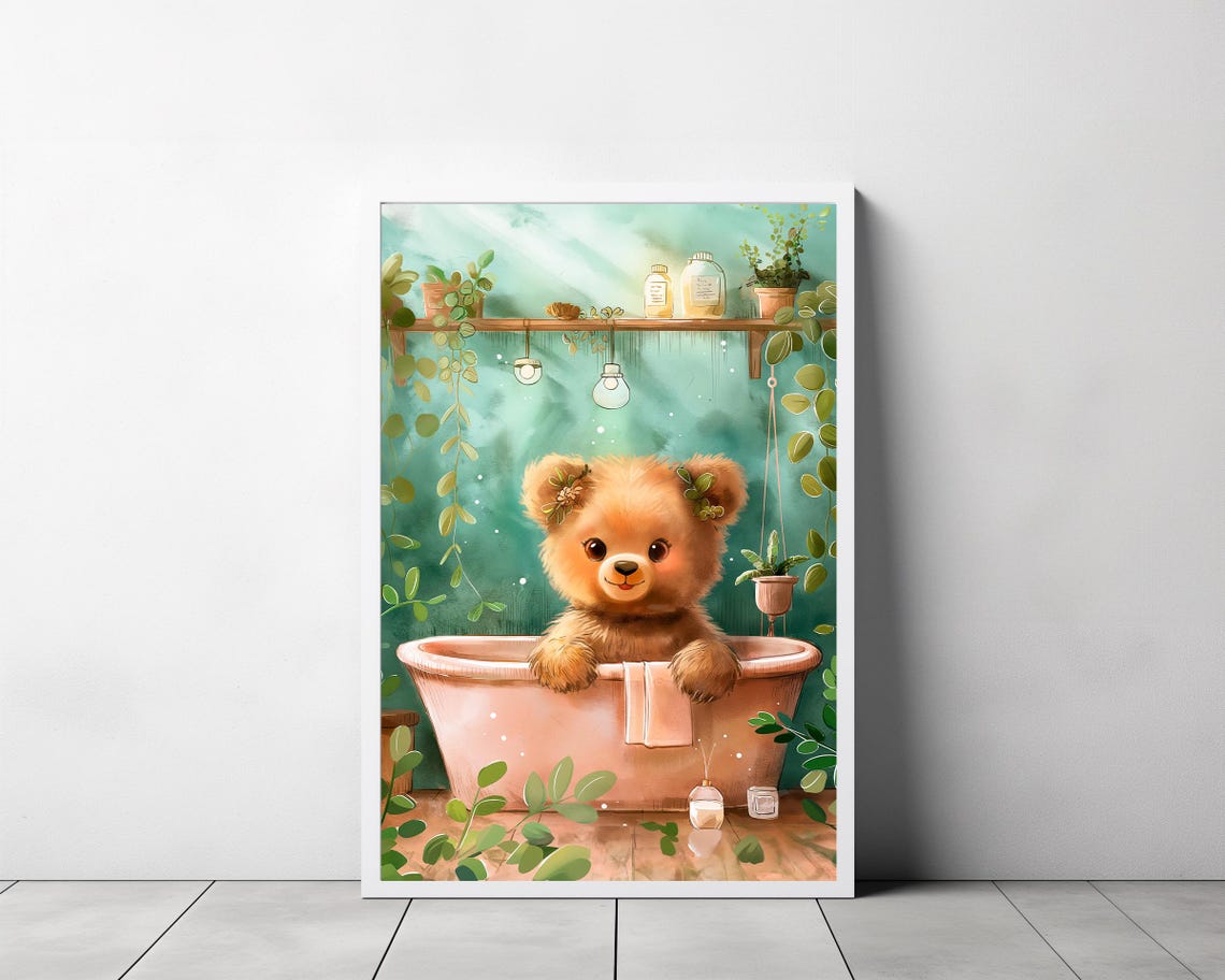 Cute Teddy Bear Cub Enjoying a Spa Bath with Eucalyptus Art Poster - Image 3