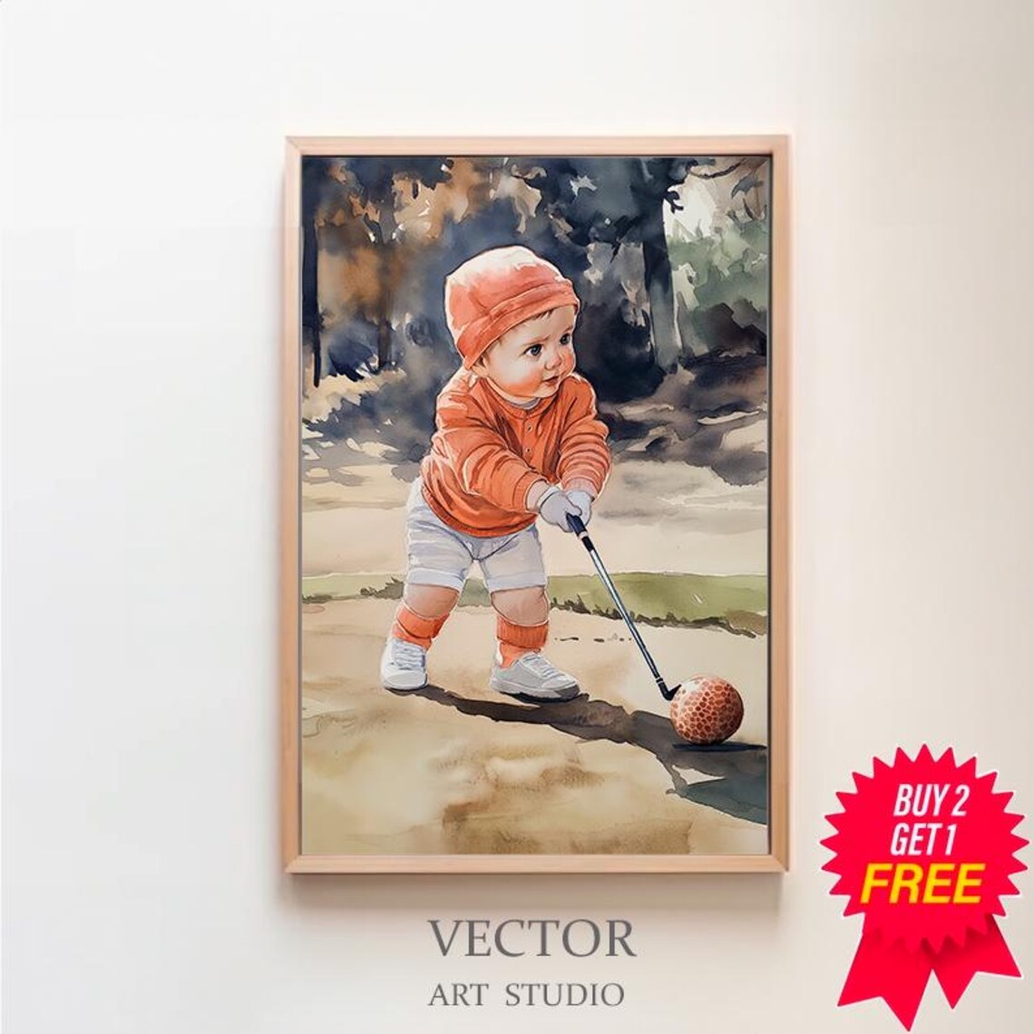 Toddler in an Orange Sweater Taking a Happy Golf Swing Poster