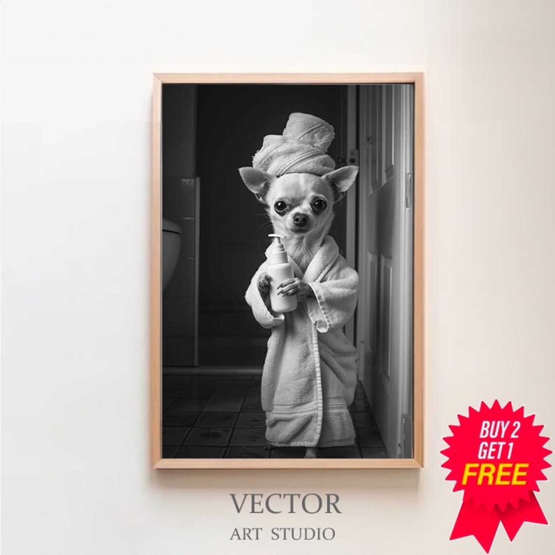 Chihuahua in Bathrobe Standing in a Doorway Spa Day Funny Poster