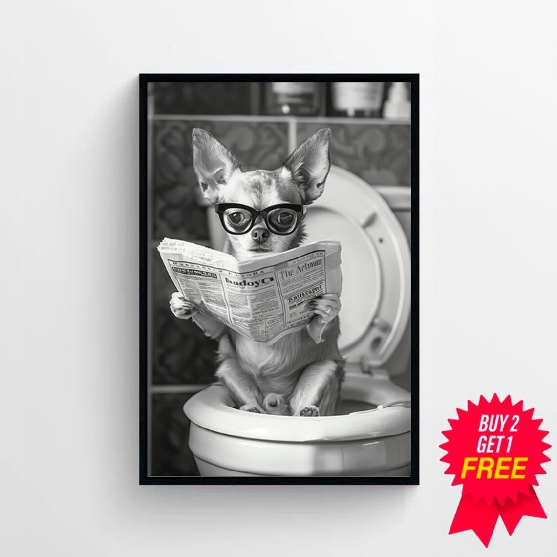 Funny Chihuahua With Glasses Reading Newspaper On Toilet Poster - Image 4