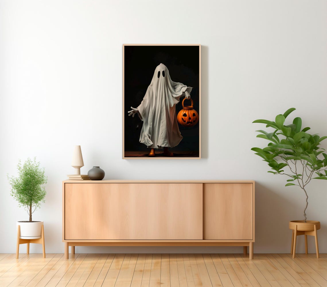 Ghost Trick or Treater Holding Pumpkin Bucket Cute Halloween Poster - Image 2