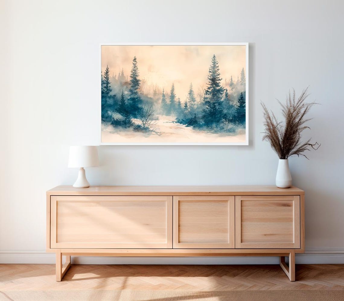 Snowy Pine Forest with a Winding Path in Soft Winter Light Art Poster - Image 2