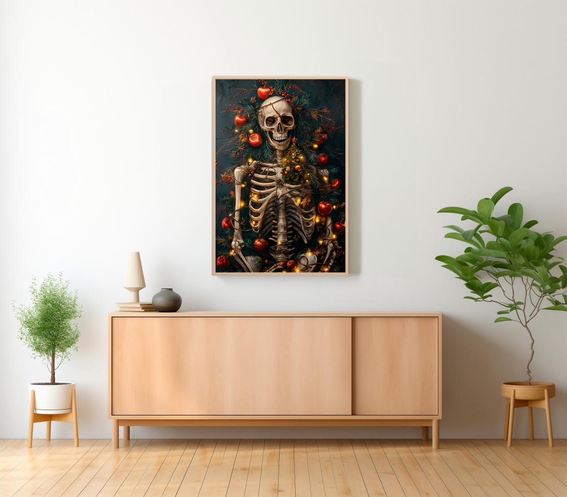 Smiling Skeleton In Christmas Lights Red Apples Dark Holiday Poster - Image 2
