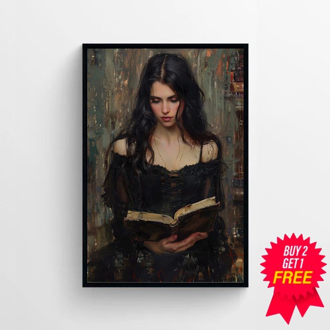 Moody Woman Reading Antique Book Dark Romantic Oil Art Print - Image 4