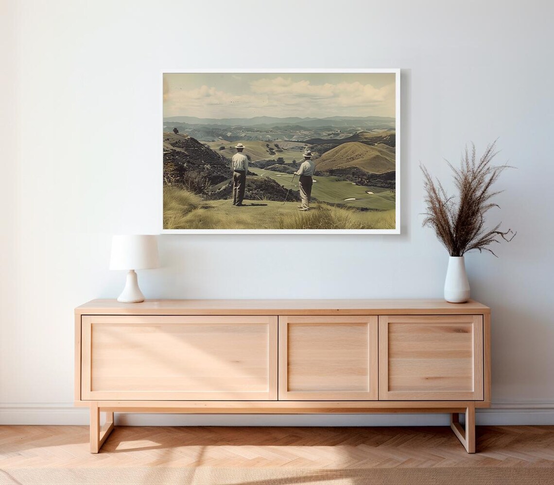 Two Golfers Overlooking Rolling Hills Vintage Sepia Sports Art Print - Image 2
