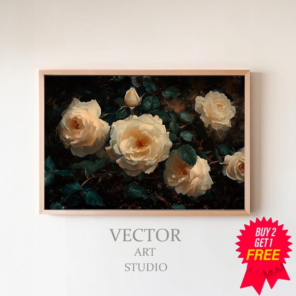 White Cream Roses On Dark Moody Vintage Floral Background Poster