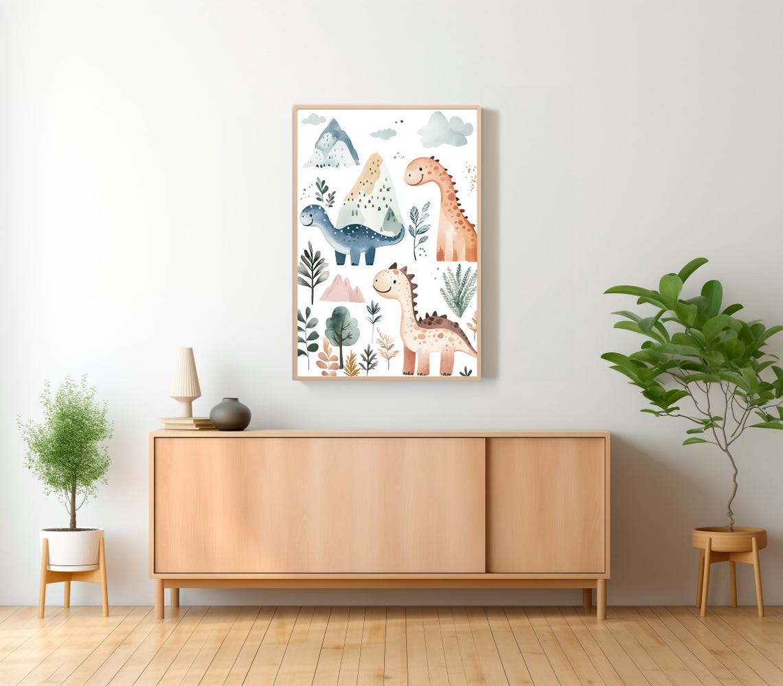 Smiling Watercolor Dinosaurs with Pastel Mountains Nursery Poster - Image 2