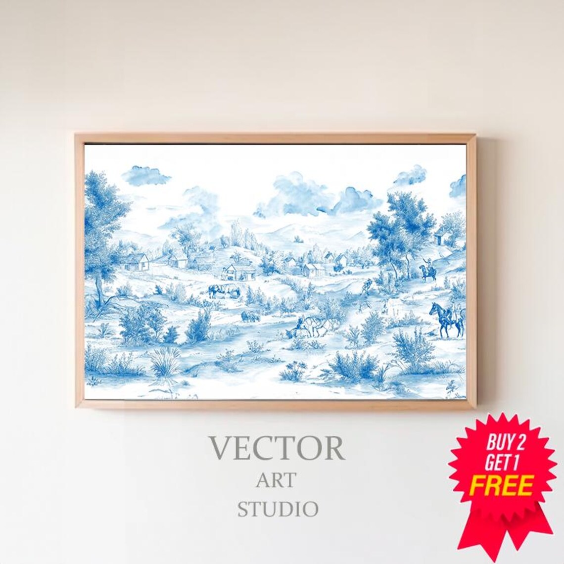 Blue Toile Countryside Scene With Riders And Horses Vintage Poster