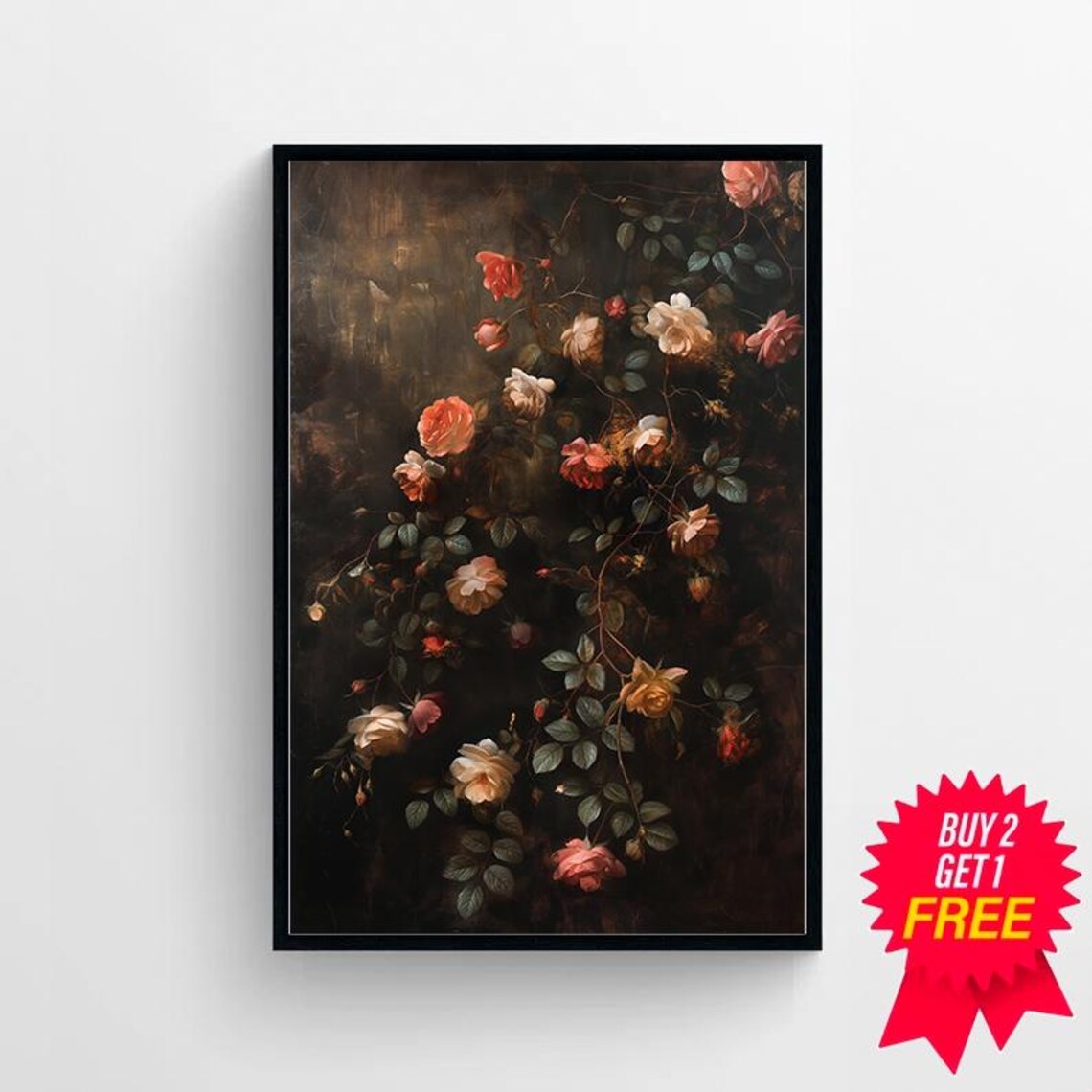 Blush Roses Cascading in a Moody Dark Floral Oil Painting Wall Poster - Image 4