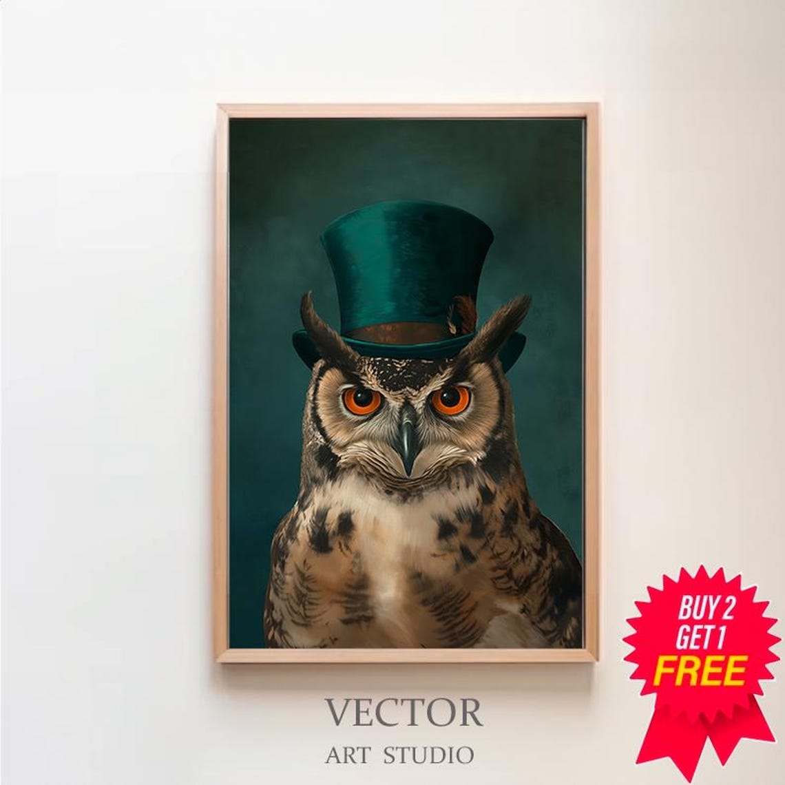 Great Horned Owl Wearing A Green Top Hat In Old Master Wall Art